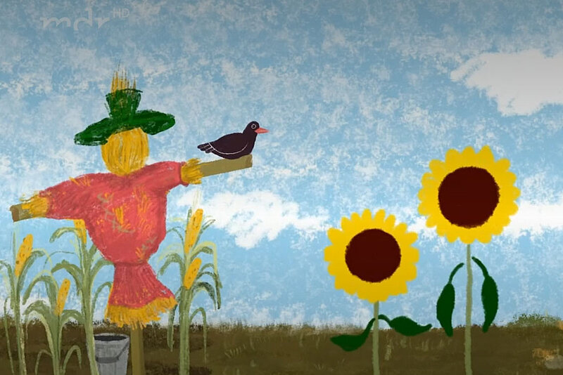 Illustration von einer Vogelscheuche und Sonnenblumen